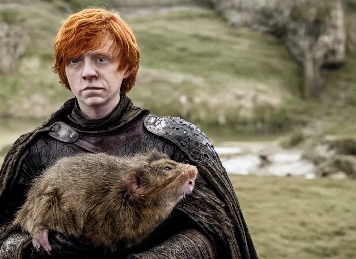 Image similar to ron weasley as thehnellor in game of thrones, holding his large fat rat, live action film, cinematic photo, clear hd image