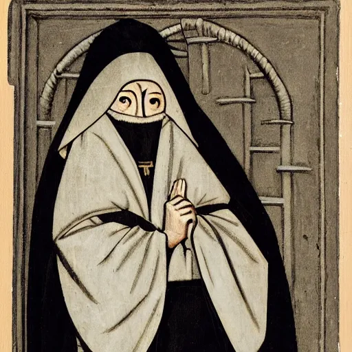 Prompt: a medieval priest in a black fur cloak with a wooden mask