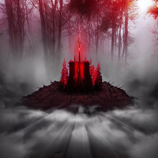 Image similar to afterlife, god, forest, angels, devil, altar, light shining from the sky, clouds, lightning, white and red environment, digital art, intricate, true to life, 4k