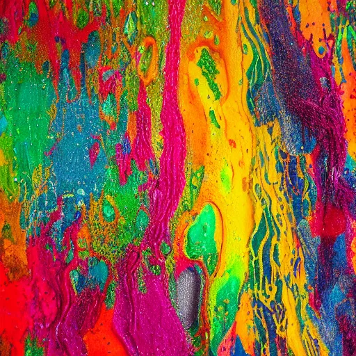 Image similar to flecks of paint lush & immense density long strands of drips in all directions splatters of mixed pigments with solid color inside.