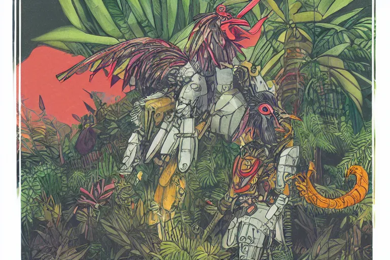 Prompt: illustration of a heavily armoured mechanical rooster in a jungle, by studio ghibli, tarot card, ominous, livid colors, colorful