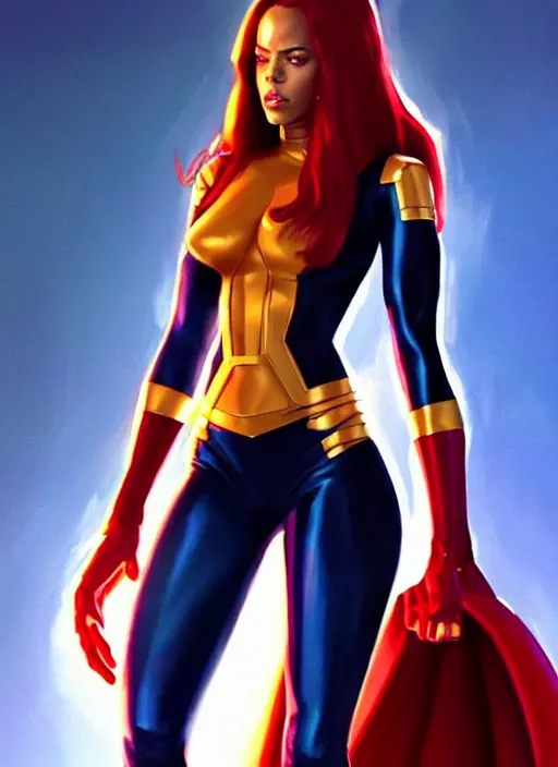 Image similar to full body portrait of marvel cinematic universe aaliyah haughton, x - men, jean grey, elegant, fire, phoenix, starfire, highly detailed!! digital painting, artstation, glamor pose, concept art, sharp focus, illustration, art by artgerm and greg rutkowski, artey freytag