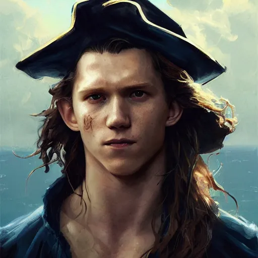 Prompt: tom holland as a pirate, fine face, face focused, fine detailed face, long hair, realistic shaded lighting poster by greg rutkowski, magali villeneuve, artgerm, jeremy lipkin, michael garmash, rob rey, cinematic lighting, sharp focus, highly detailed attributes and atmosphere