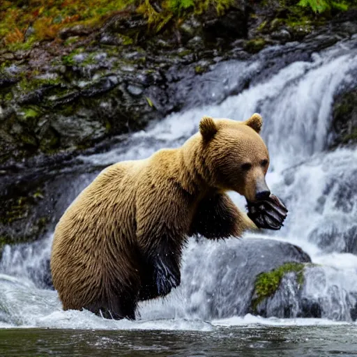 Image similar to dozens!!! of bears!!! catching salmon on a small waterfall in alaska, detailed, wide angle, 4 k