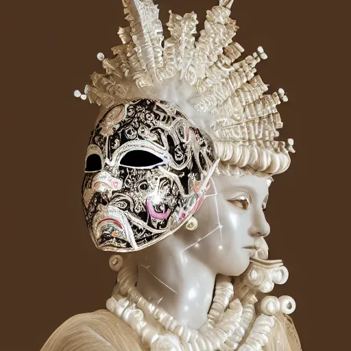 Prompt: highly detailed photography of a woman wearing venetian woman mask, sculpted in white opalescent marble, with lots of thin ornaments, disolving with a luminous background, curves and chaotic fractal art inlays, intricate, 8 k, white box, cinematic light, high aperture, background atmospheric effects