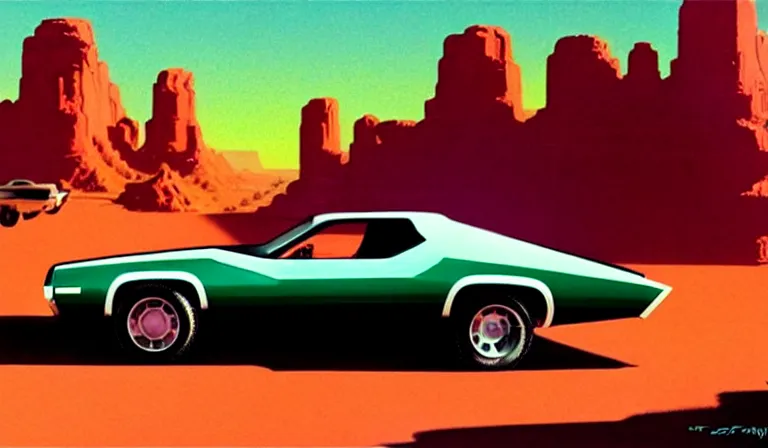 Image similar to a cinematic matte painting of a sleek 1 9 7 0 s vaporwave concept retro - futurism sci - fi muscle car in an open cluttered garage in the american southwest, view from the street. cactus. by eric lafforgue, glennray tutor and edward hopper, greg rutkowski. trending on artstation.