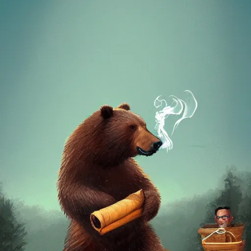 Image similar to a bear riding a bicycle and smoking cigars, digital art, artstation, 4 k