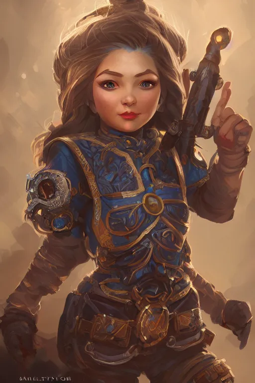 Image similar to three quarters portrait pose of a beautiful female gnome engineer, super powers, fantasy, intricate, elegant, highly detailed, digital painting, artstation, concept art,shining, sharp focus, illustration, art by Stanley Lau