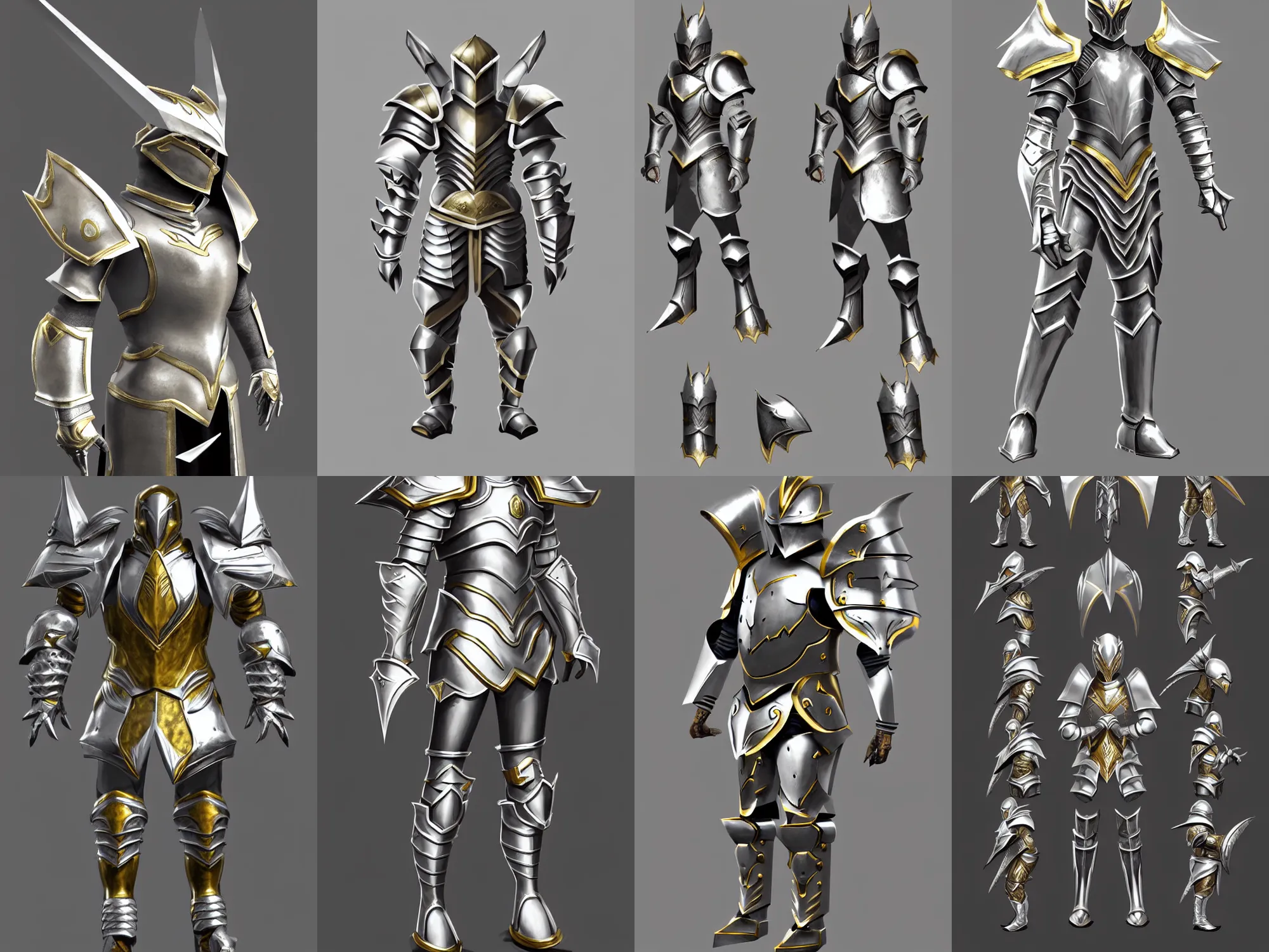 Prompt: fantasy armor, silver with gold trim, extremely clean, heavily exaggerated proportions, huge shoulder pauldrons, flat shading, smooth, polished, shiny, fantasy character portrait, orthographic front view, A-pose, full body