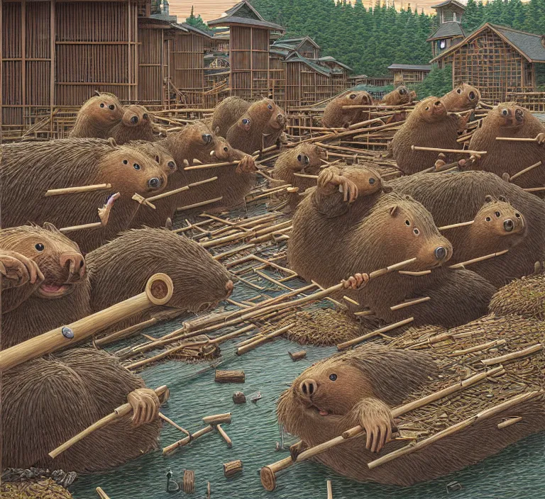 Image similar to photography hyperrealism concept art of highly detailed anthropomorphic beavers builders that building city with sticks by hasui kawase and scott listfield