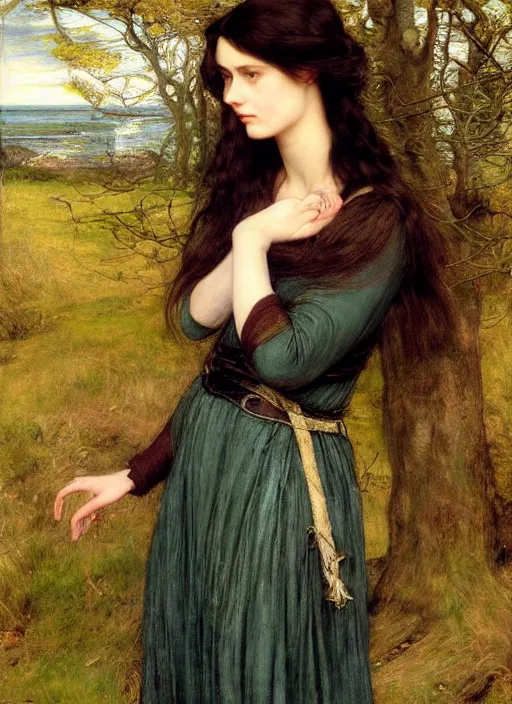 Image similar to a beautiful painting of arwen undomiel by John Everett Millais and Dante Gabriel Rossetti and John Collier and john william waterhouse, pre-raphaelite, detailed, trending on artstation, hd, masterpiece