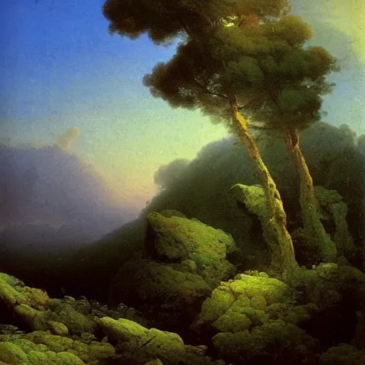 Image similar to painting of a lush natural scene on an alien planet by ivan aivazovsky. beautiful landscape. weird vegetation. cliffs and water.