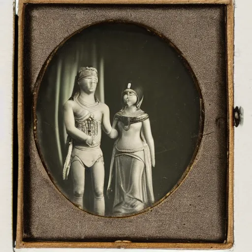 Prompt: A daguerreotype photograph of a gray alien shaking hands with Cleopatra.