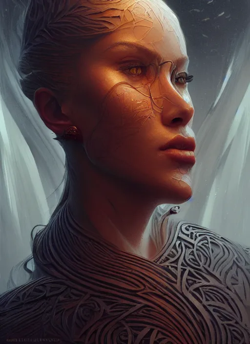 Image similar to portrait of a beautiful daemon in a flowing dress, carving runes into a profane altar, intricate, elegant, highly detailed, digital painting, artstation, concept art, smooth, sharp focus, illustration, art by wlop, mars ravelo and greg rutkowski