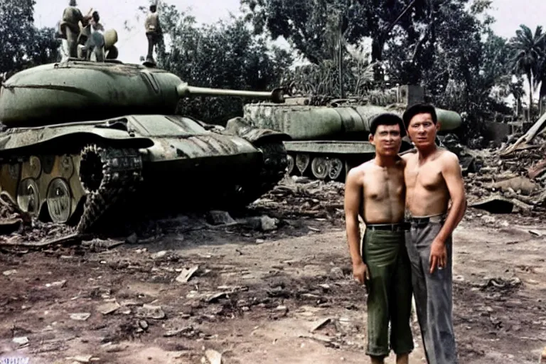 Prompt: a photo of a two mans posing in front of tank in destroyed vietnamese city, us journalism ministry photo, 1 9 6 9, color photo, perfect faces, fine details, fim still