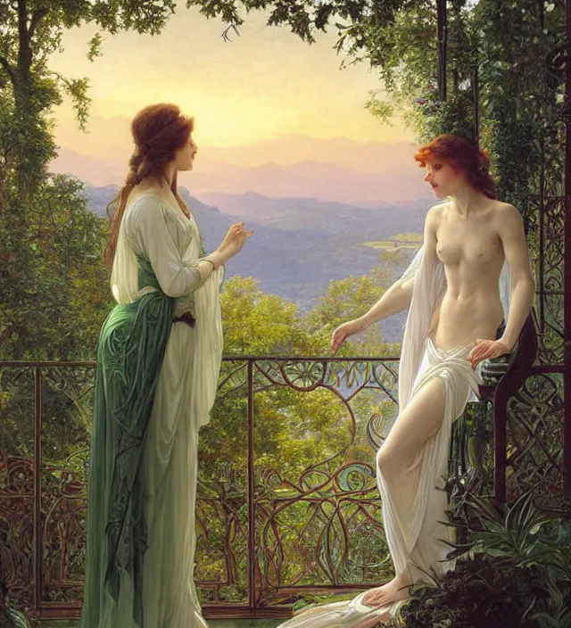 Image similar to intricate oil painting of a young elf woman wearing white and light green, looking out at the sunrise over rivendell from her art nouveau balcony, elegant, digital painting, smooth, sharp focus, illustration, ultra realistic, 8 k, by bouguereau, alphonse mucha, artgerm, and donato giancola