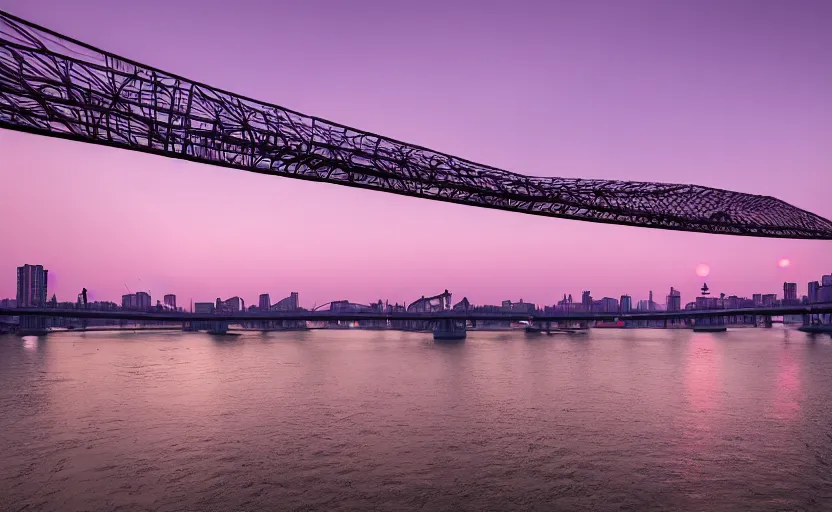Image similar to a photo of wuhan, river, bridge, sunset, purple sky, cinematic, 8 k, highly - detailed