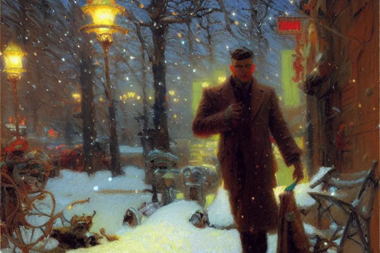 Image similar to winter, attractive male, neon light, painting by gaston bussiere, craig mullins, j. c. leyendecker