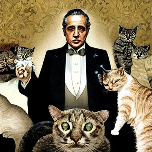 Image similar to the godfather surrounded by cats