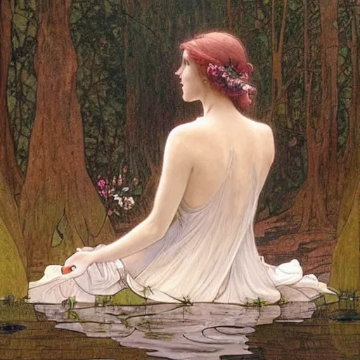 Image similar to a beautiful painting of the back view of a young lady in white dress sitting by the river in a grown forest, looking at her reflection on the water, sunlight reflected on the river, Mucha, Moebius, Mohrbacher