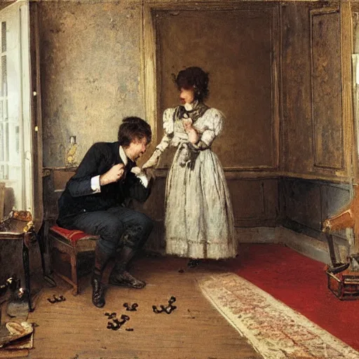 Image similar to a man and a woman solving an escape room puzzle alfred stevens