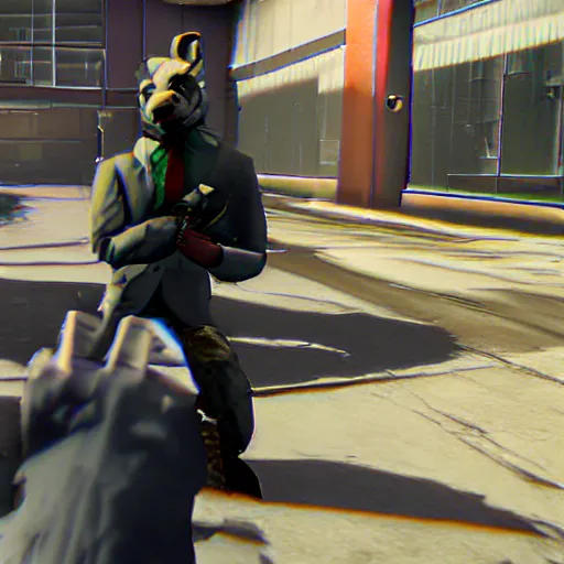 Image similar to Screenshot from the PC game Payday 2 demonstrating the fursuit unlock