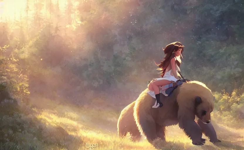 Image similar to a girl riding a grizzly bear, full shot, atmospheric lighting, detailed faces, by makoto shinkai, stanley artgerm lau, wlop, rossdraws