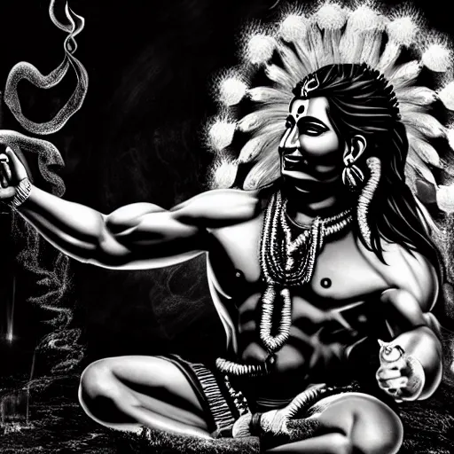 Prompt: lord shiva as a muscular character, smoking inside a dark studio, photography, red smoke coming out of his smoking bowl