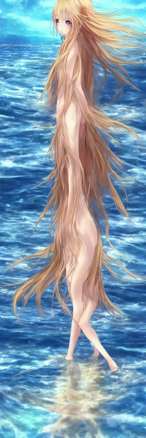 Prompt: advanced digital anime art, a very cute gorgeous teenage girl wearing a dress made of water standing in a reflective lake, full body, very long golden hair, sky blue highlights in hair, red fiery watery eyes, full round face, dramatic cinematic lighting, medium shot, Gaussian blur, highly intricately detailed, trending on pixiv, Artstation, painted by Rossdraws and the style of Sakimimichan