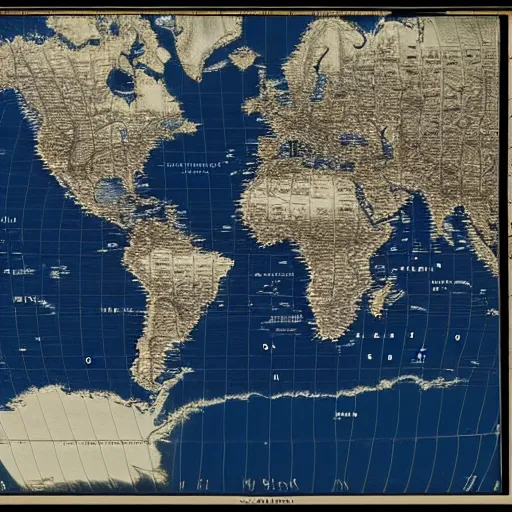 Prompt: geopolitical map of a strange new world, miller projection, monochromatic