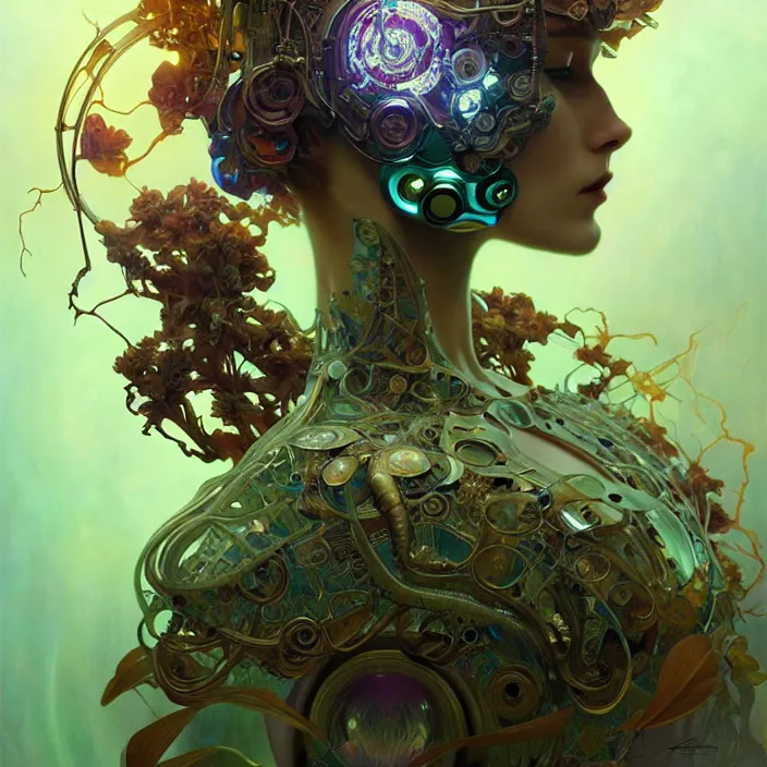 Image similar to psychedelic organic cyborg, orchid, diffuse lighting, fantasy, intricate, elegant, highly detailed, lifelike, photorealistic, digital painting, artstation, illustration, concept art, smooth, sharp focus, art by John Collier and Albert Aublet and Krenz Cushart and Artem Demura and Alphonse Mucha