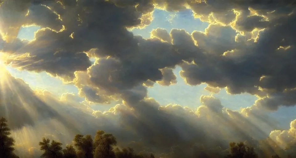 Prompt: heaven and angels!!!!! floating!! on clouds god rays, by eugene von guerard, ivan shishkin, trending on artstation, 8 k