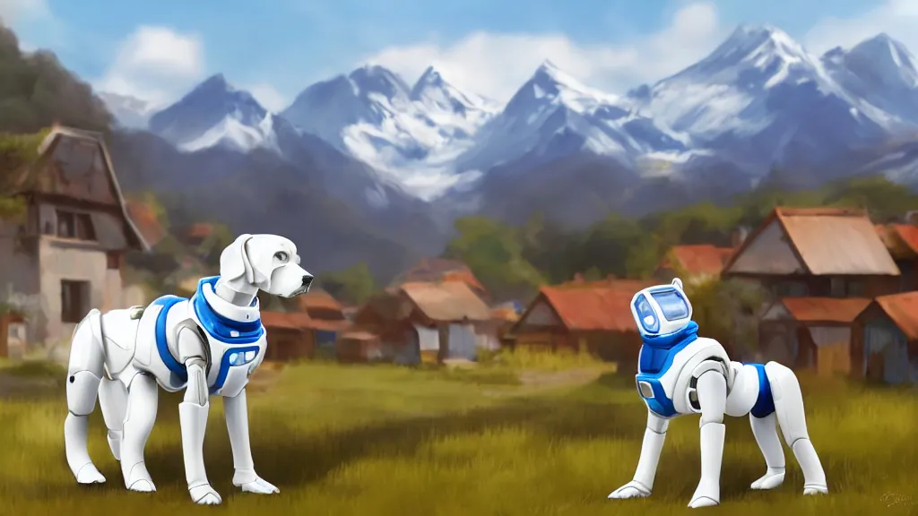 Prompt: glossy white robot dog with blue eyes sat in front of a junker village. mountains in far away background. trending on artstation.