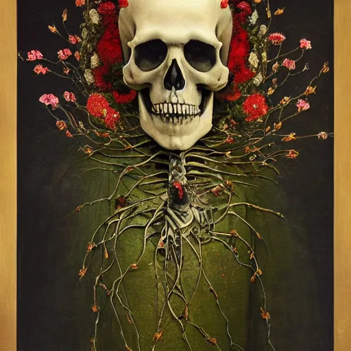 Prompt: 'Life from death' A beautiful detailed aesthetic horror portrait painting depicting 'A skeleton with vines and flowers growing all over it, birds and bees flying all around it' by Odilon Redon and giuseppe arcimboldo, Trending on cgsociety artstation, 8k, masterpiece, cinematic lighting.