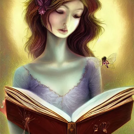 Prompt: a very beautiful fairy with a beautiful detailed face, the fairy flies above a opened book, digital painting, fantasy art