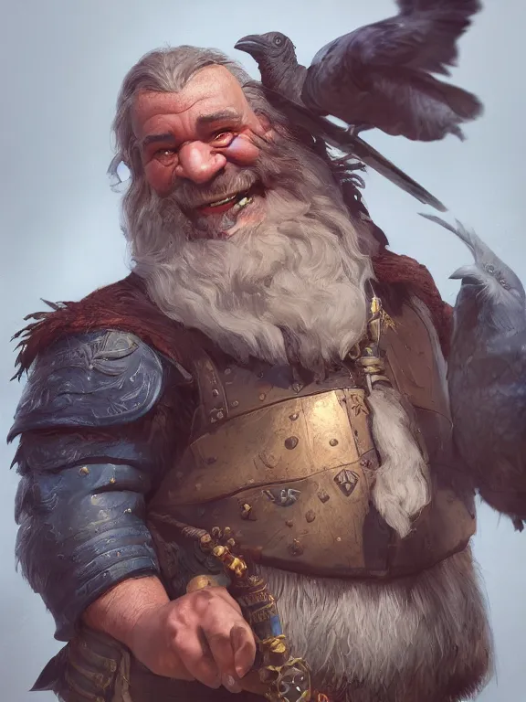 Image similar to Jovial High Fantasy Dwarf with his Raven, RPG Portrait Reference, Oil Painting, Trending on Artstation, octane render, Insanely Detailed, 8k, HD