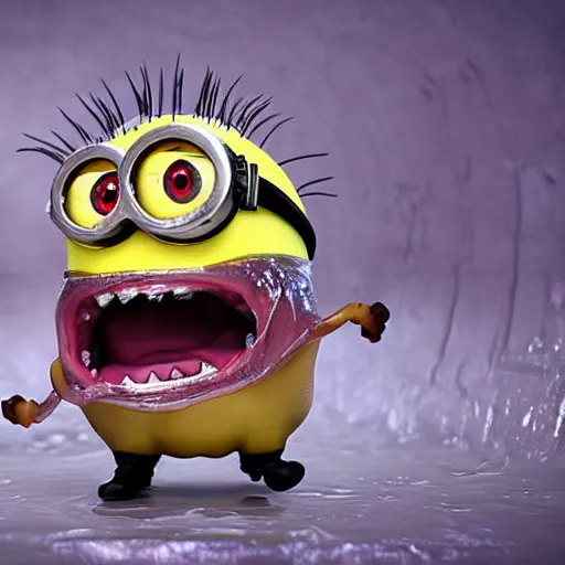 Prompt: glistening slimy minion with sharp teeth rising from the abyss, horrifying atmosphere, photorealistic
