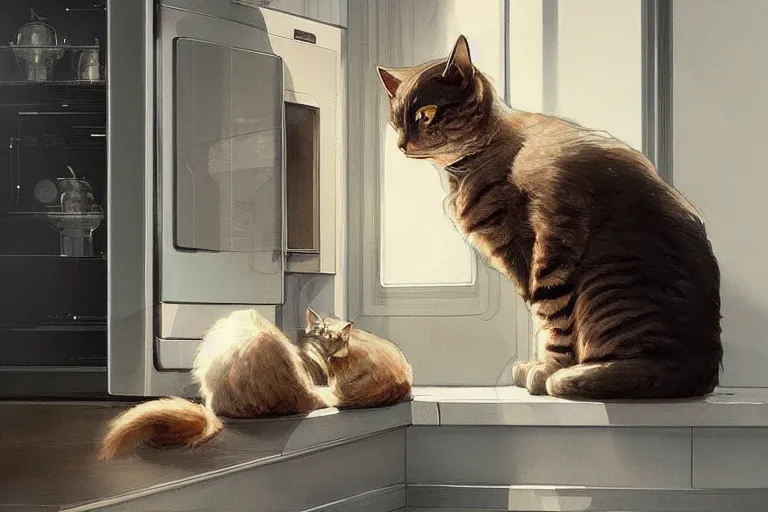 Prompt: cat sitting by fridge in modern kitchen waiting to be fed, intricate, elegant, highly detailed, digital painting, artstation, concept art, matte, sharp focus, illustration, art by Artgerm and Greg Rutkowski and Alphonse Mucha