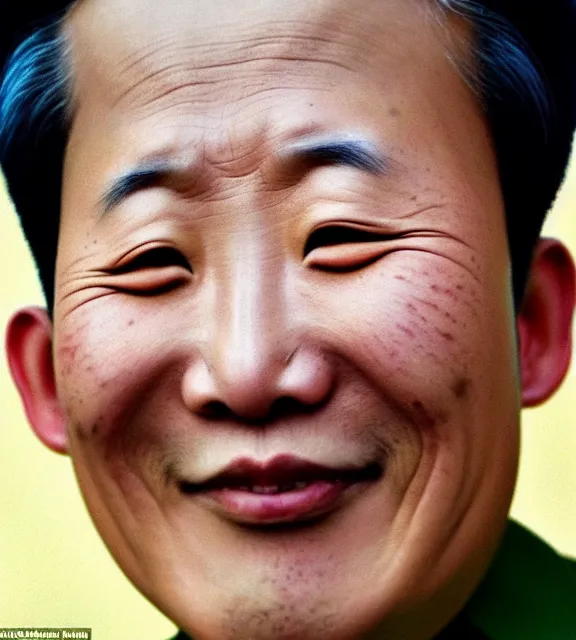 Image similar to colour araki nobuyoshi style close - up photography of detailed north korean kim chen with detailed smiling face, smelling detailed weed bush