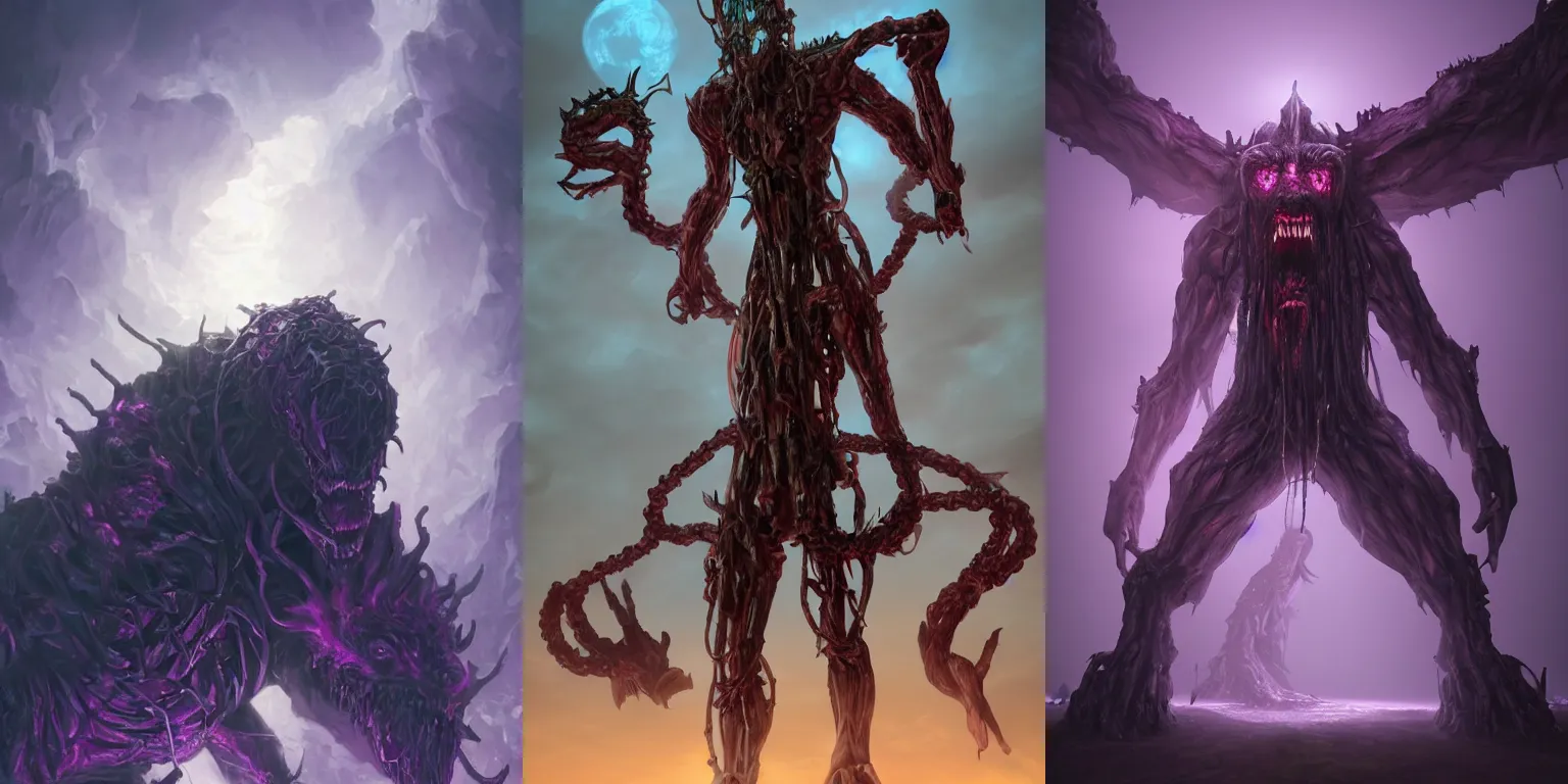 Prompt: Giant demonic abomination statue. Howling. Enchained, chains, restrained. Bloom, volumetric lighting. Purple lighting. Dark fantasy, digital painting, HD, 4k, detailed, vibrant, horror, sharp focus.