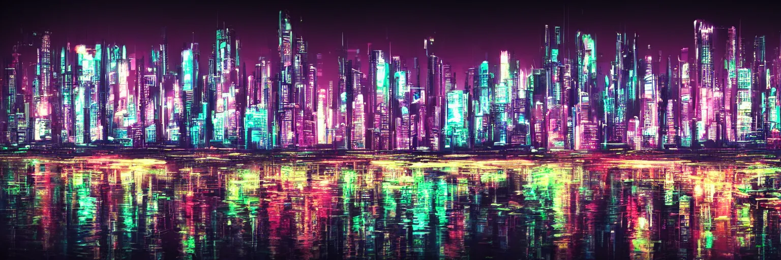 Prompt: cyberpunk night neon city, water, reflection, realistic