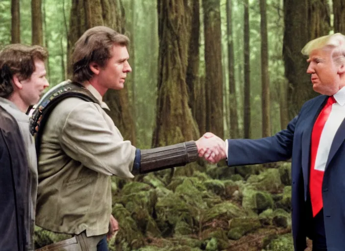 Prompt: donald trump shaking hands with han solo on the forest moon of endor, 3 5 mm photography, highly detailed, cinematic lighting