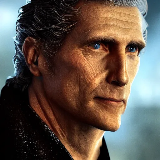 Image similar to john glover as lionel luthor in smallville, portrait made out of rain, realistic, highly detailed, neon, rendered in octane, unreal engine, beautiful, trending on artstation, emotional