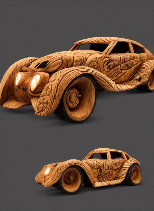 Prompt: a wood carved fancy car on a forest, art style by pixar dreamworks warner bros disney riot games arcane and overwatch, au naturel, hyper detailed, digital art, trending in artstation, cinematic lighting, studio quality, smooth render, unreal engine 5 rendered, octane rendered