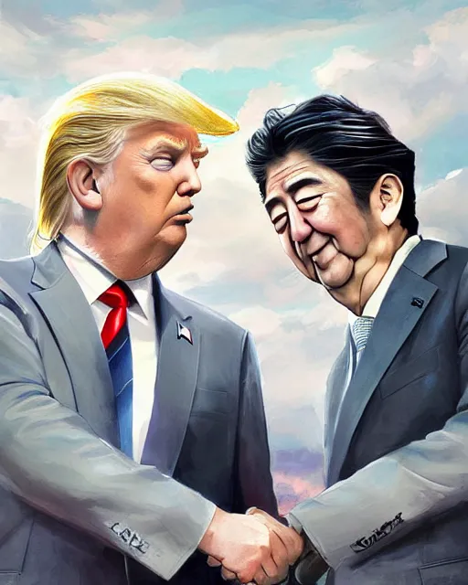 Image similar to donald trump and shinzo abe facing each other off dressed in spaceship pilot dresses shaking hands, portrait, illustration, rim light, top light, perfectly shaded, spring time, slight overcast lighting, soft painting, art by krenz cushart and wenjun lin