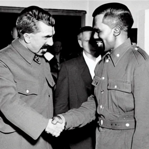 Image similar to an old world war 2 photograph of stalin shaking hands with kanye west