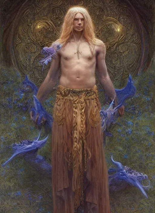 Prompt: A male druid, by Jean Delville and Sophie Anderson and Mandy Jurgens, golden ratio, perfect composition, elegant, no crop, extremely detailed, hd, masterpiece, artstation