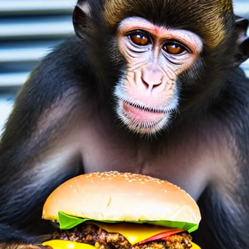 Prompt: a monkey eating an hamburger