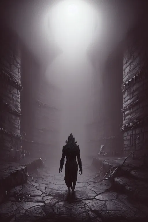 Prompt: matte painting of a human explorer mutated horror beast wandering the dark corridors of a wet underground dungeon in lovecraft style