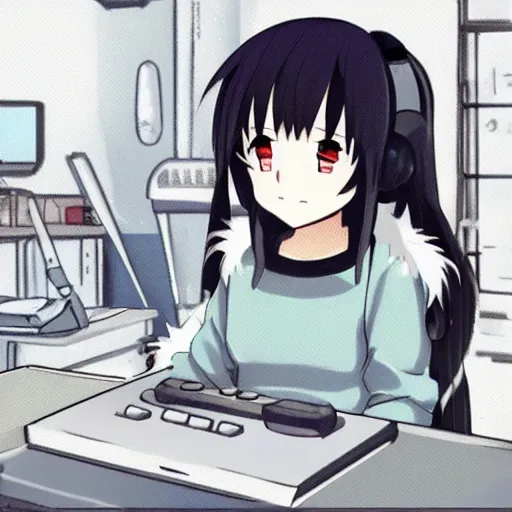 Image similar to an anime girl with white hair, polar bear ears, and an open, black coat playing a video game. drawn in an anime art style